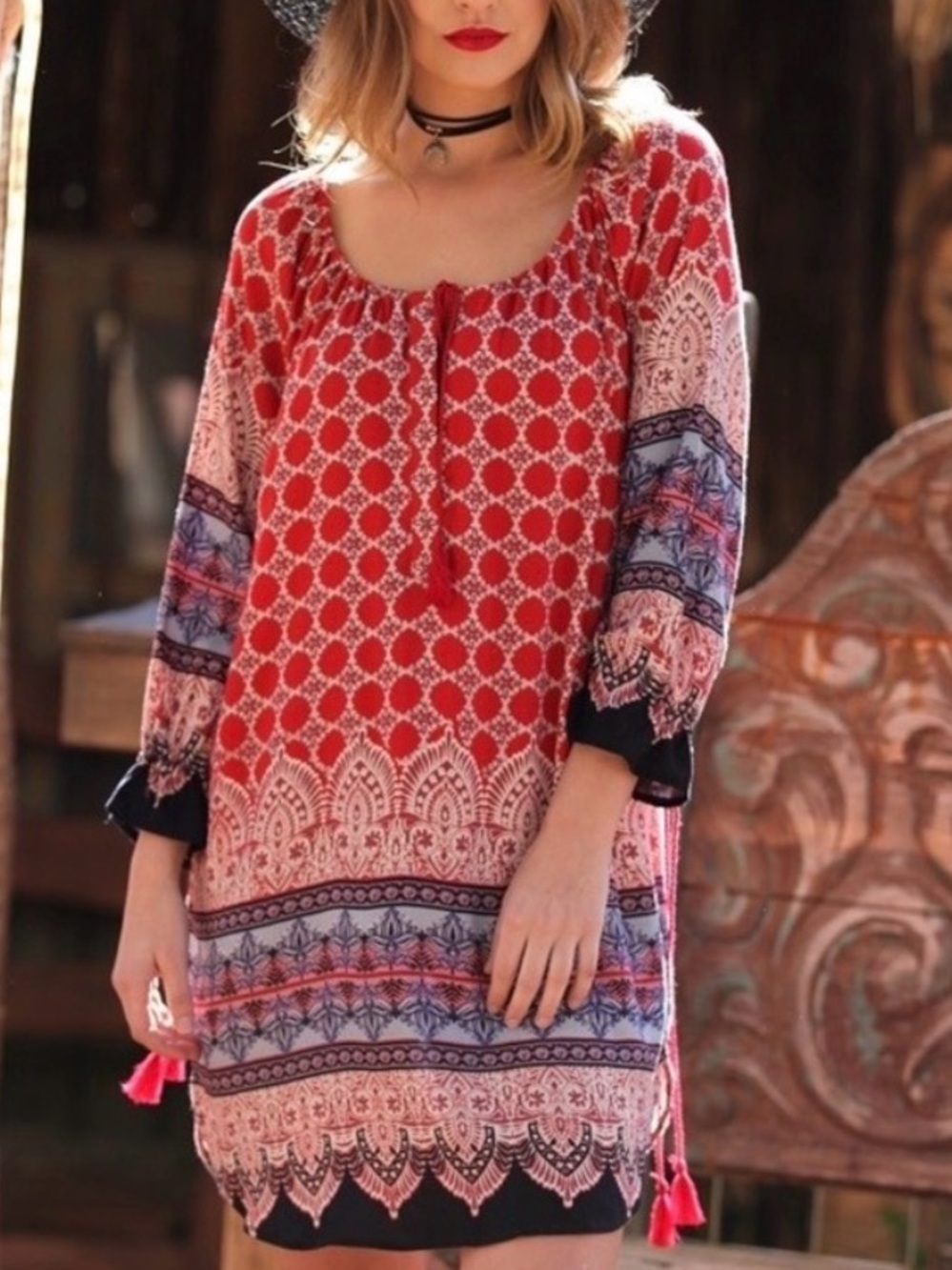 Angie Red Patterned Boho dress with Navy & Pink Accents xlarge